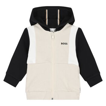 Younger Boys Beige & Black Logo Zip Up Top