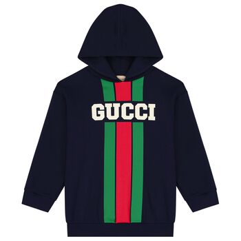 Boys Navy Blue Logo Web Striped Hooded Top