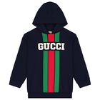 Boys Navy Blue Logo Web Striped Hooded Top, 1, hi-res