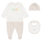 White & Beige Logo Babygrow Gift Set, 3, hi-res