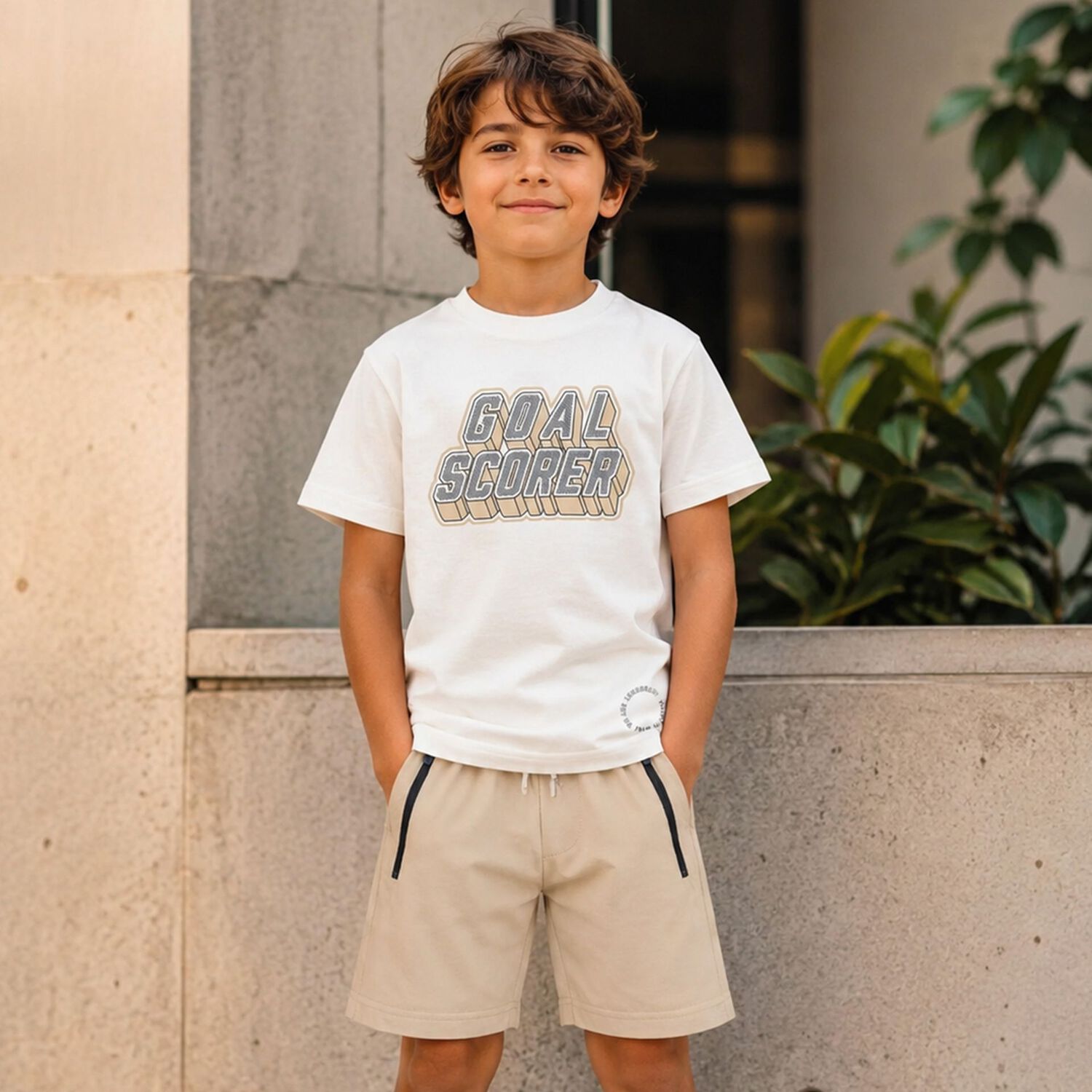 Boys White & Beige Shorts Set, 1, hi-res