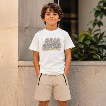 Boys White & Beige Shorts Set