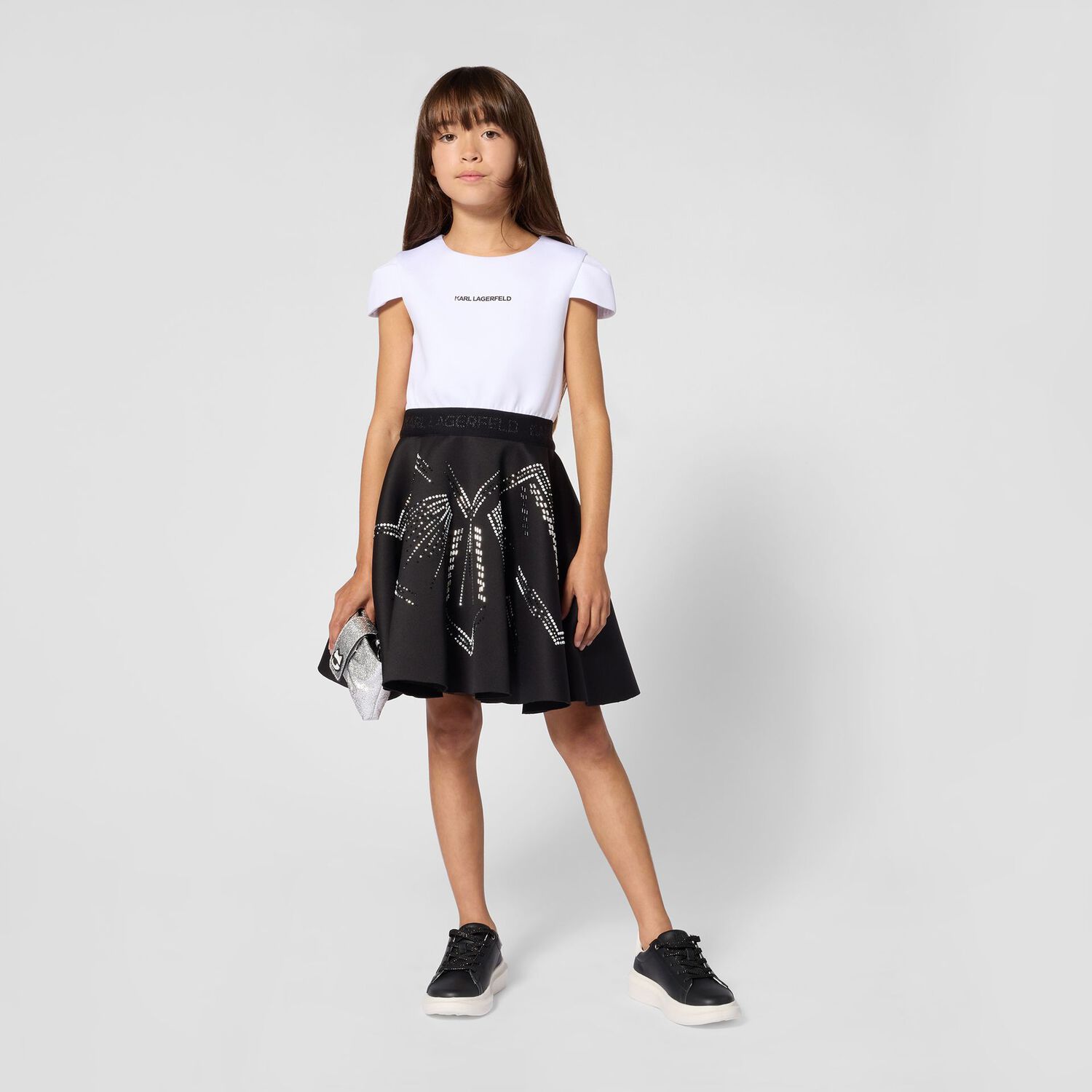 Girls White & Black Logo Dress, 1, hi-res