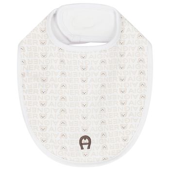 White & Beige Logo Baby Bib