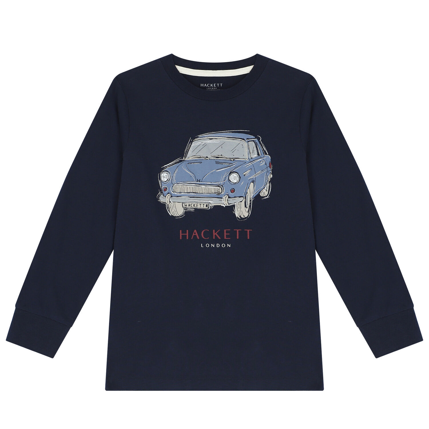 Boys Navy Blue Vintage Car Logo Long Sleeve Top, 1, hi-res