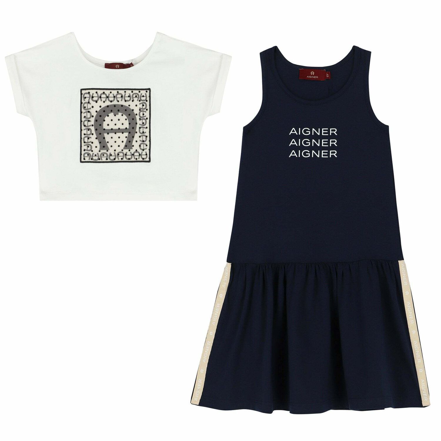 Girls Navy Blue & Ivory Logo Dress Set, 1, hi-res image number null