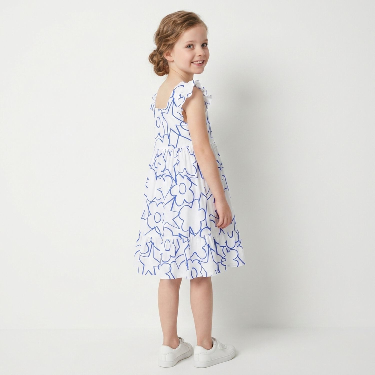 Girls White & Blue Flower Dress, 1, hi-res