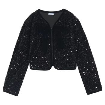 Girls Black Sequin & Velvet Bow Jacket