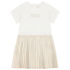 Younger Girls White & Gold Pleated Dress, 2, hi-res