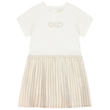 Younger Girls White & Gold Pleated Dress
