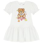 Younger Girls White Teddy Bear Logo Dress, 1, hi-res