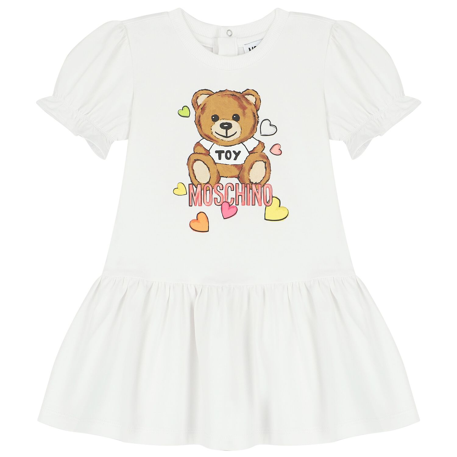 Younger Girls White Teddy Bear Logo Dress, 1, hi-res