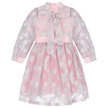 Girls Pink & Silver Jacquard Floral Dress