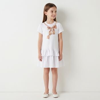 Girls White & Beige Bow Logo Dress