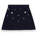 Girls Navy Blue Sequin Knitted Skirt, 1, hi-res