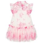 Girls White & Pink Rose Tulle Dress, 5, hi-res