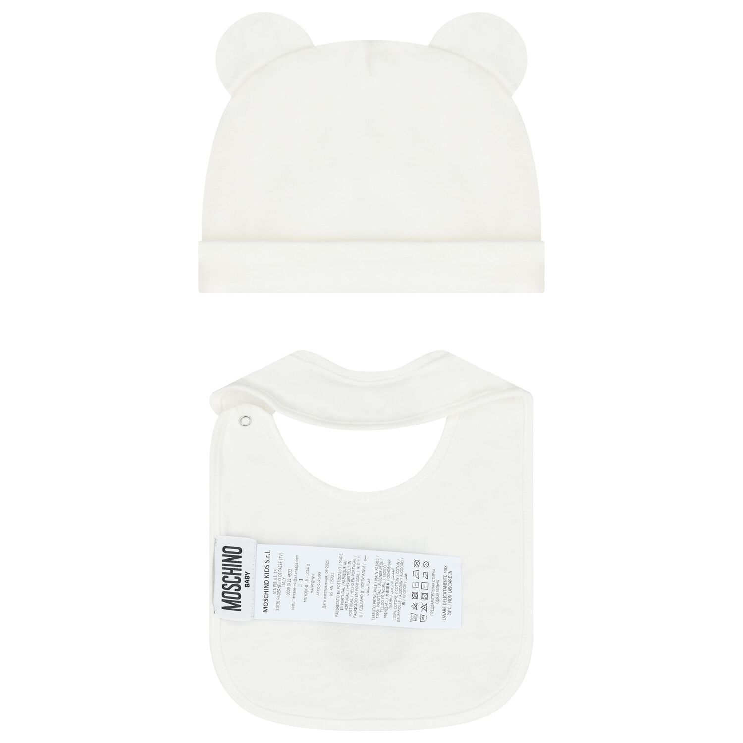 White Teddy Bear Logo Hat & Bib Baby Gift Set, 1, hi-res