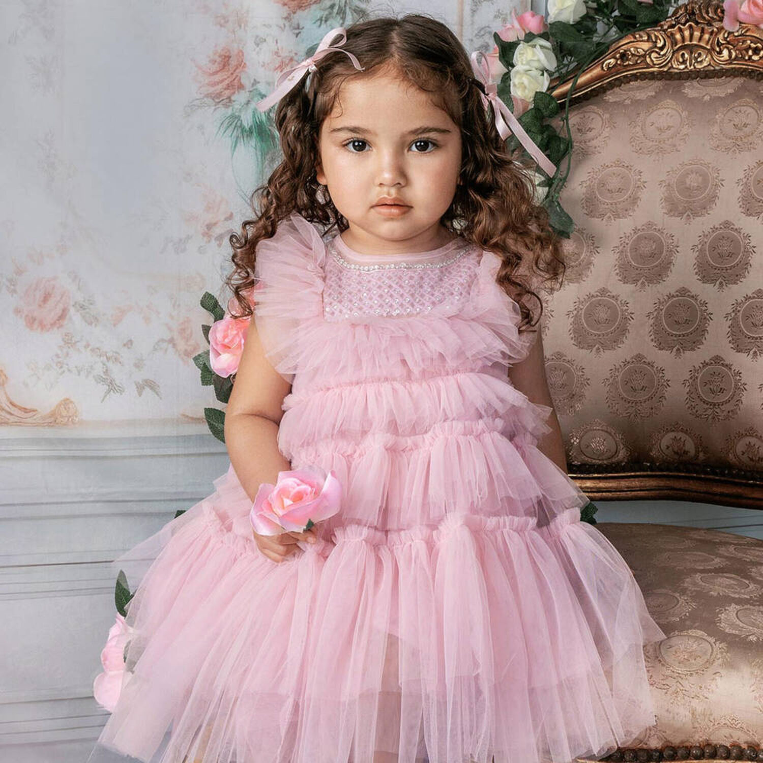 Baby Girls Pink Embellished Tulle Dress Set, 1, hi-res
