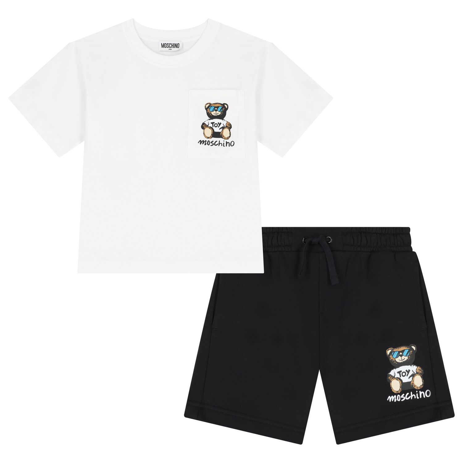 Boys White & Black Teddy Bear Logo Shorts Set, 2, hi-res