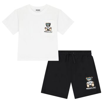 Boys White & Black Teddy Bear Logo Shorts Set