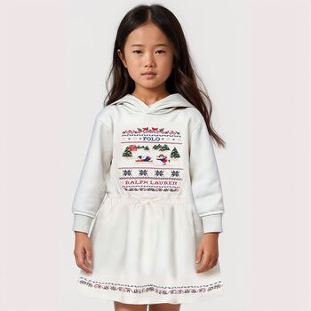 Girls White Festive Hooded Dress