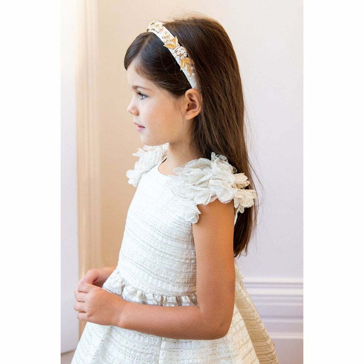 Girls Ivory & Gold Special Occasion Dress, 1, hi-res