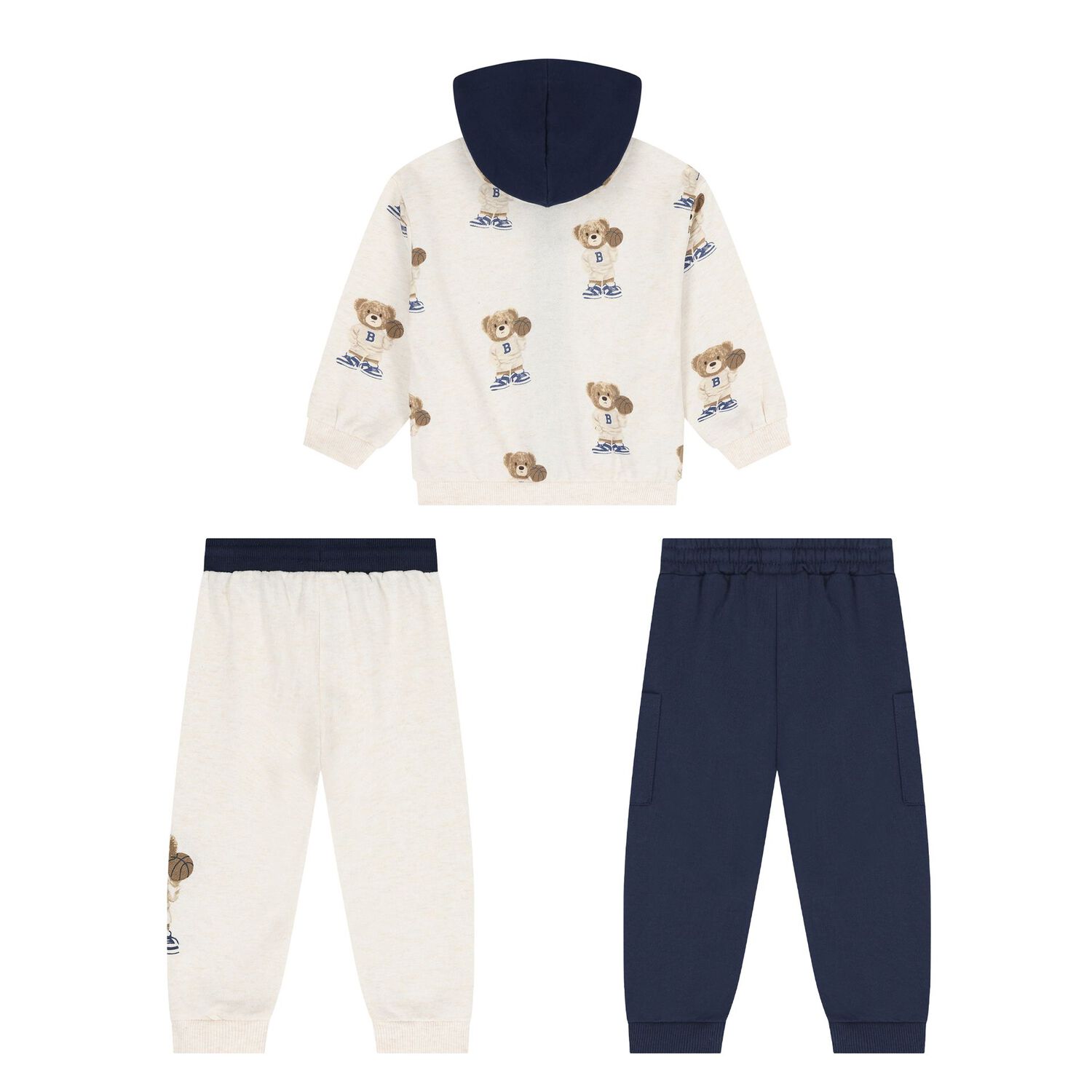 Baby Boys Ivory & Navy Blue Teddy Bear 3 Piece Tracksuit, 1, hi-res
