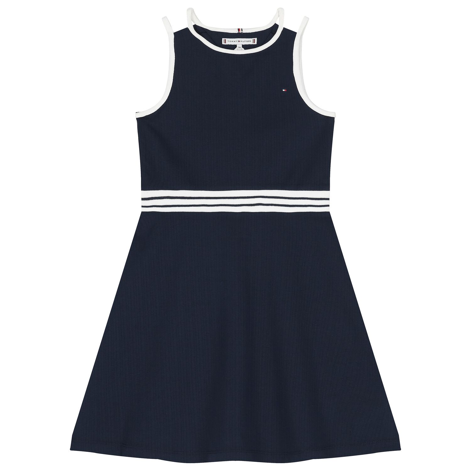 Girls Navy Blue Cotton Skater Dress, 1, hi-res