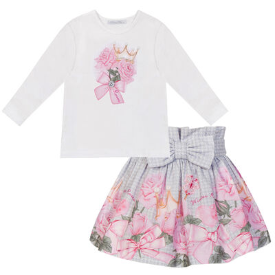 Girls White & Purple Rose Print Skirt Set