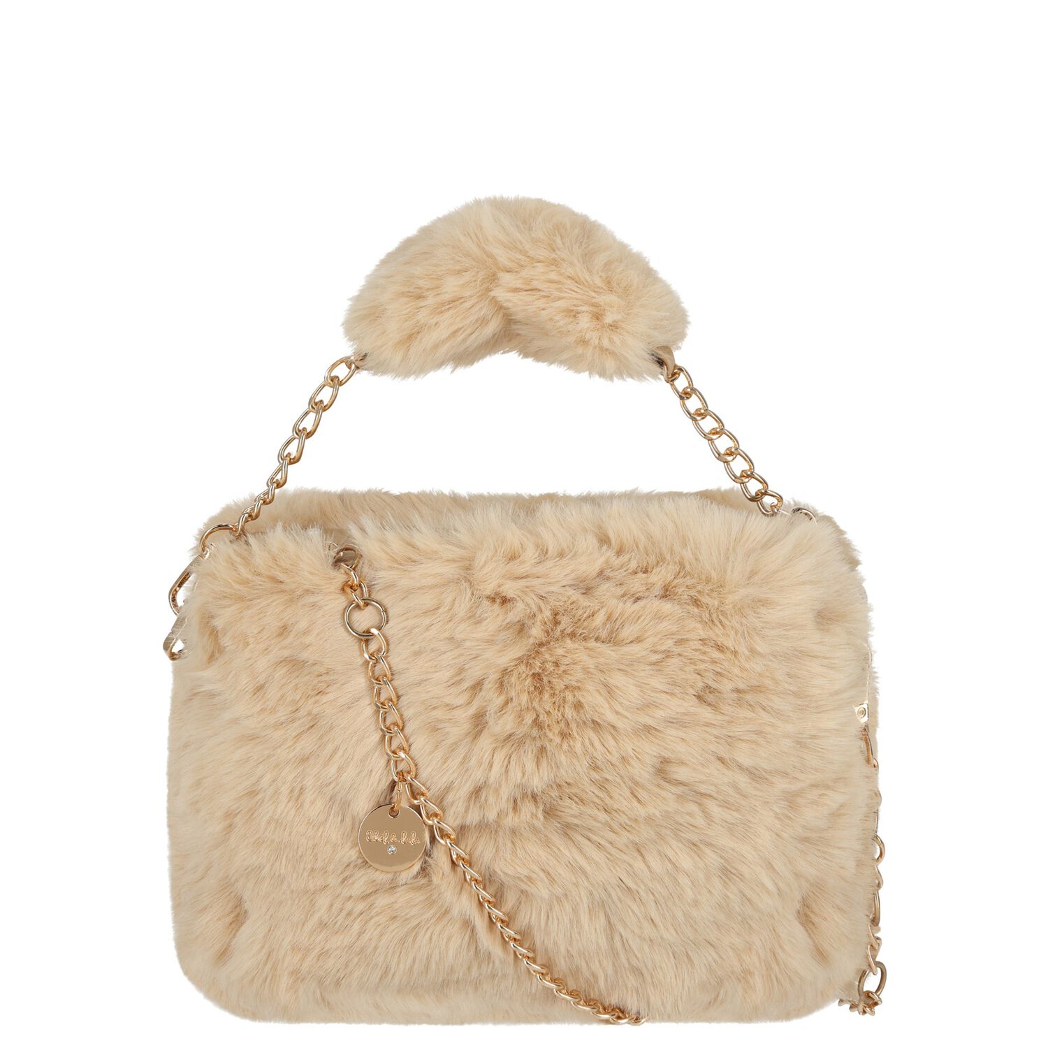 Girls Beige Faux Fur Handbag, 2, hi-res