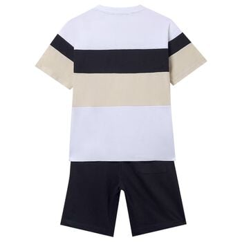Boys White, Black & Beige Striped Shorts Set