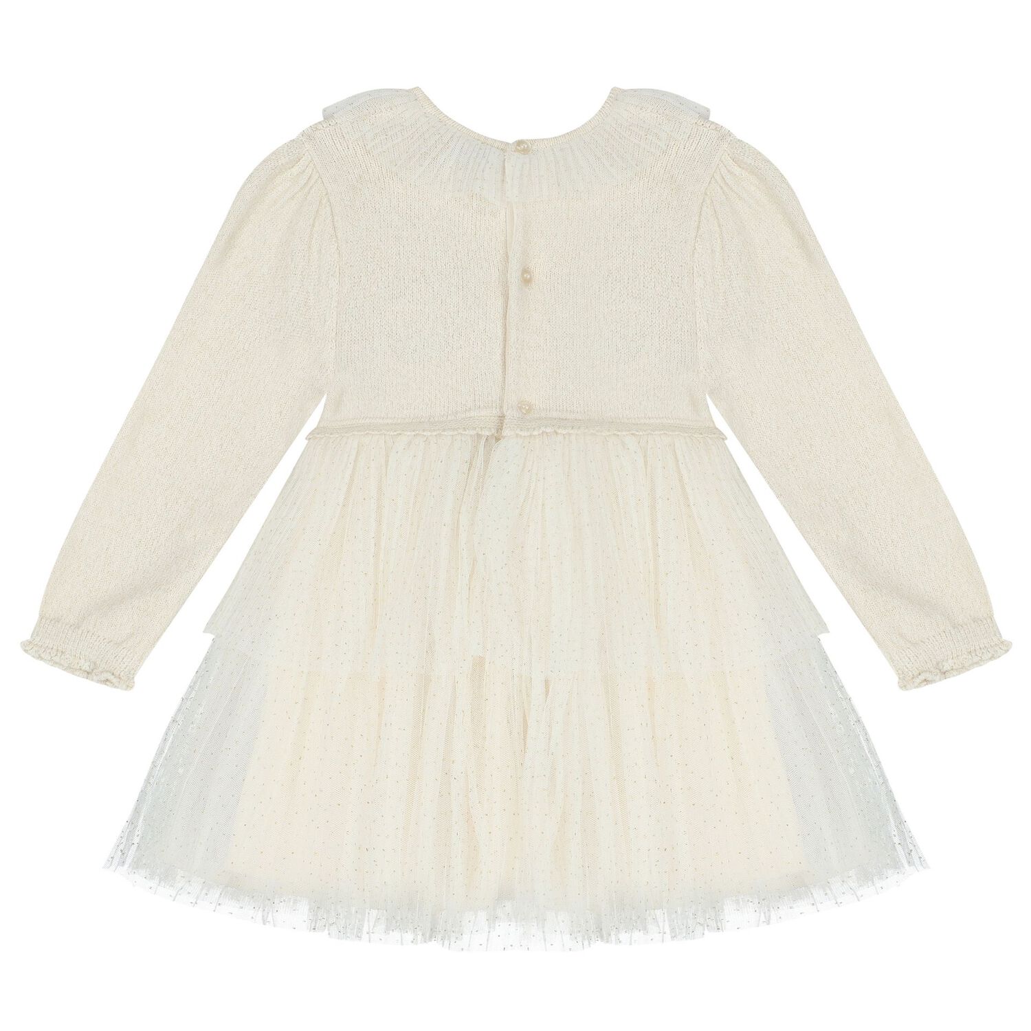 Younger Girls Ivory Knitted & Tulle Dress , 1, hi-res