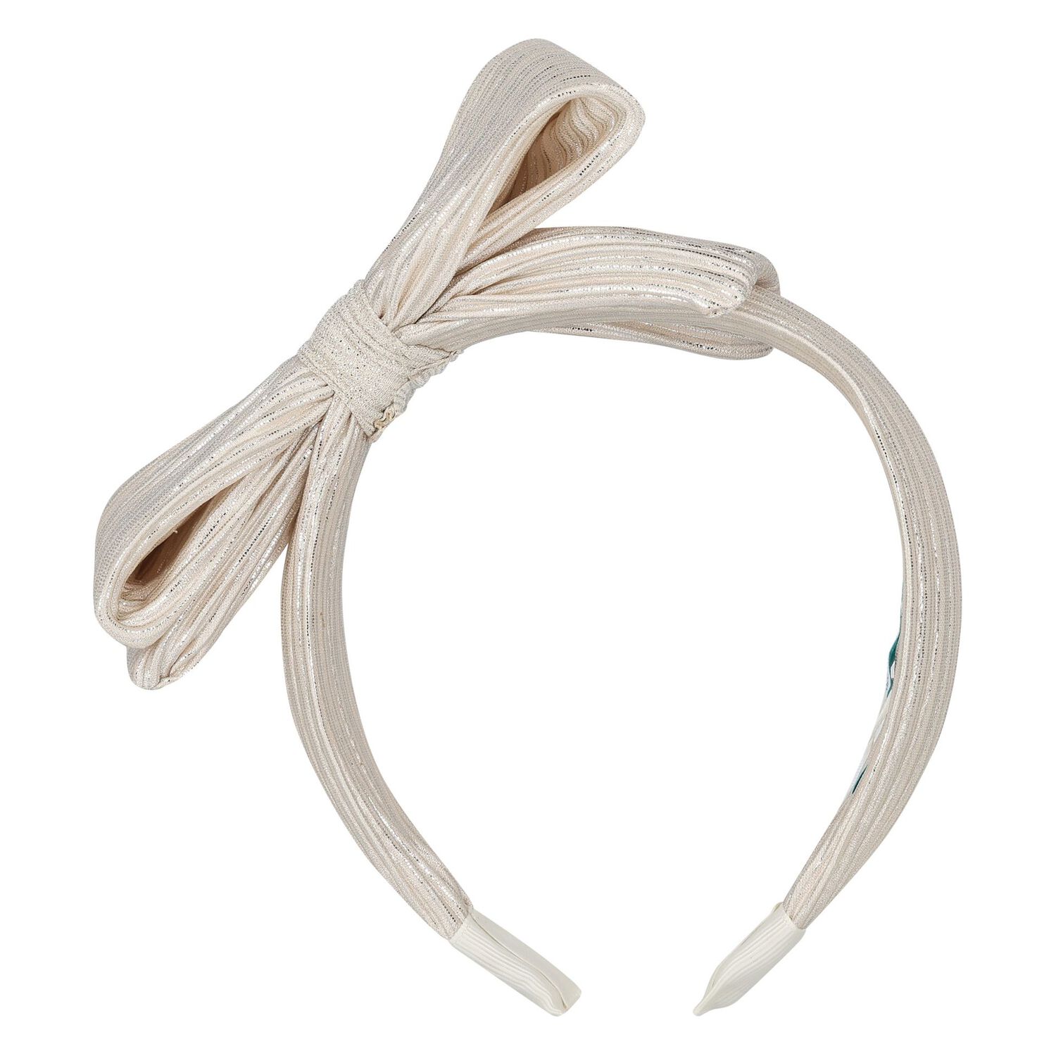 Girls Beige & Silver Bow Striped Headband, 1, hi-res