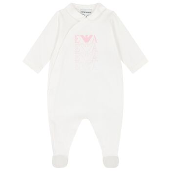 Baby Girls White & Pink Cotton Logo Babygrow