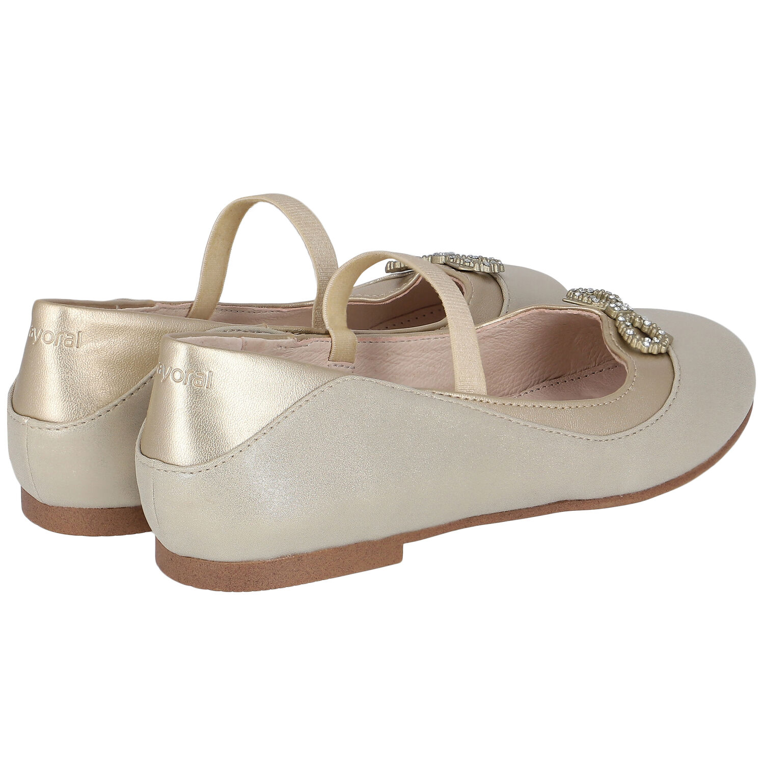 Girls Gold Diamante Bow Shoes, 1, hi-res