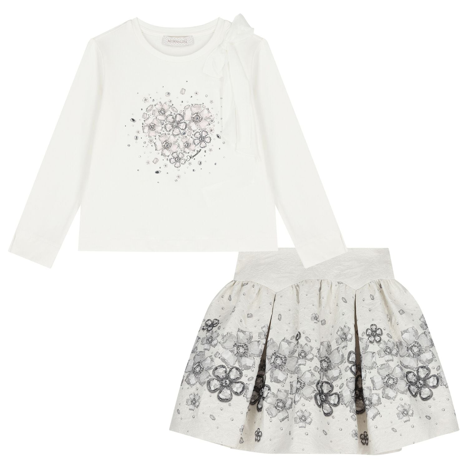 Girls White & Ivory Embellished Floral Skirt Set, 1, hi-res