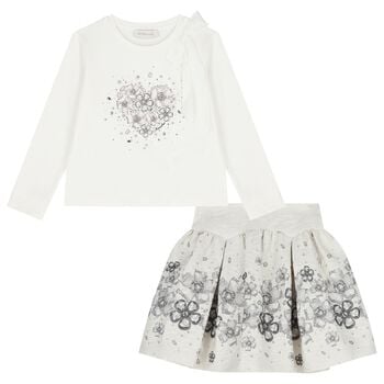 Girls White & Ivory Embellished Floral Skirt Set