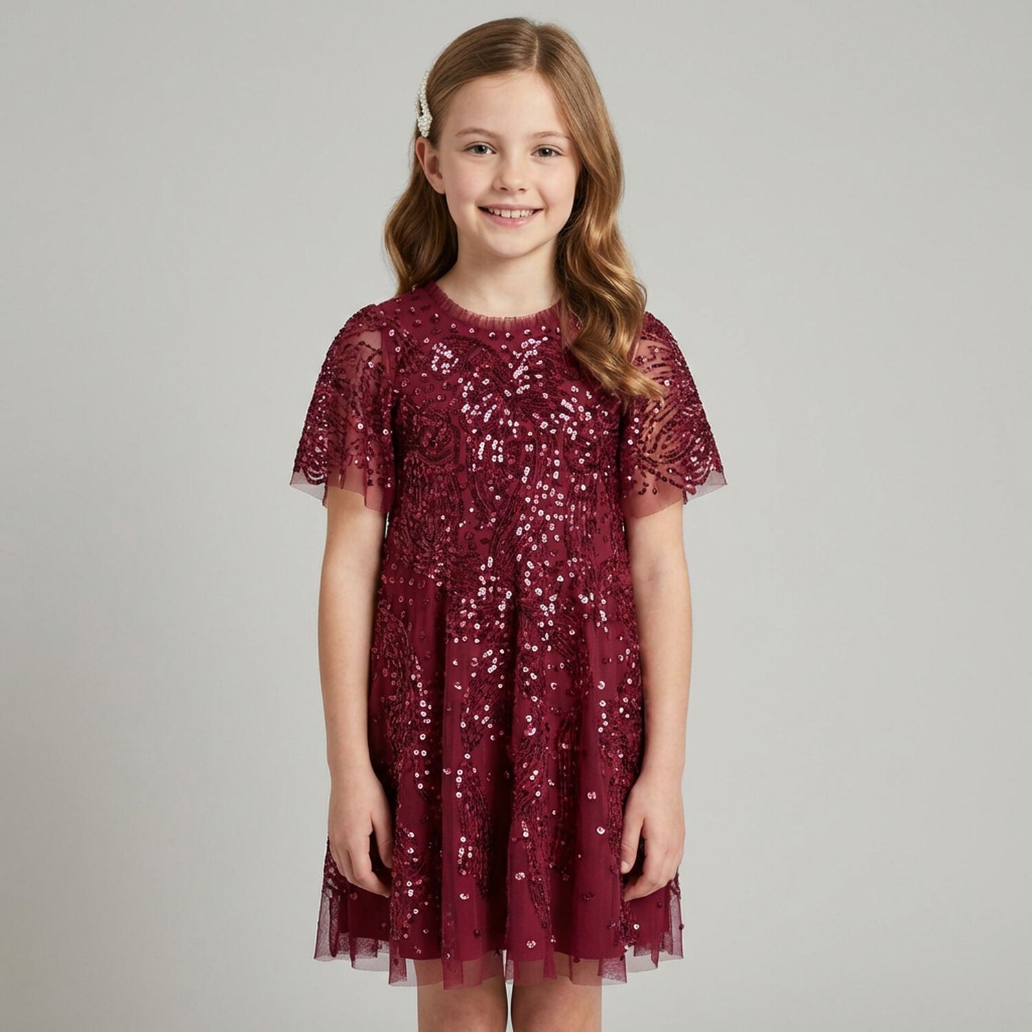 Girls Red Sequinned Tulle Dress, 1, hi-res