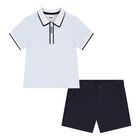 Baby Boys Blue & Navy Blue Logo Short Set, 2, hi-res