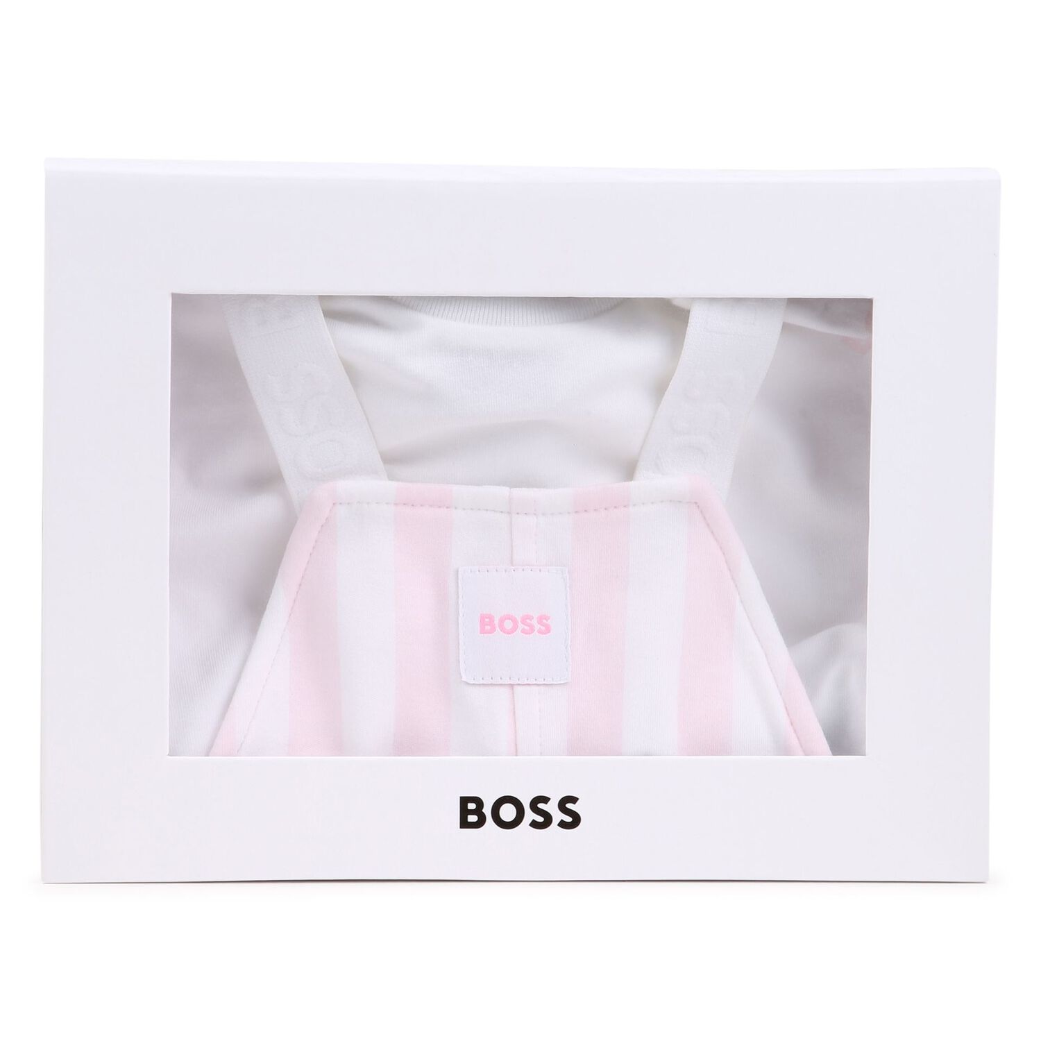 Baby Girls White & Pink Striped Logo Dungaree Set, 1, hi-res