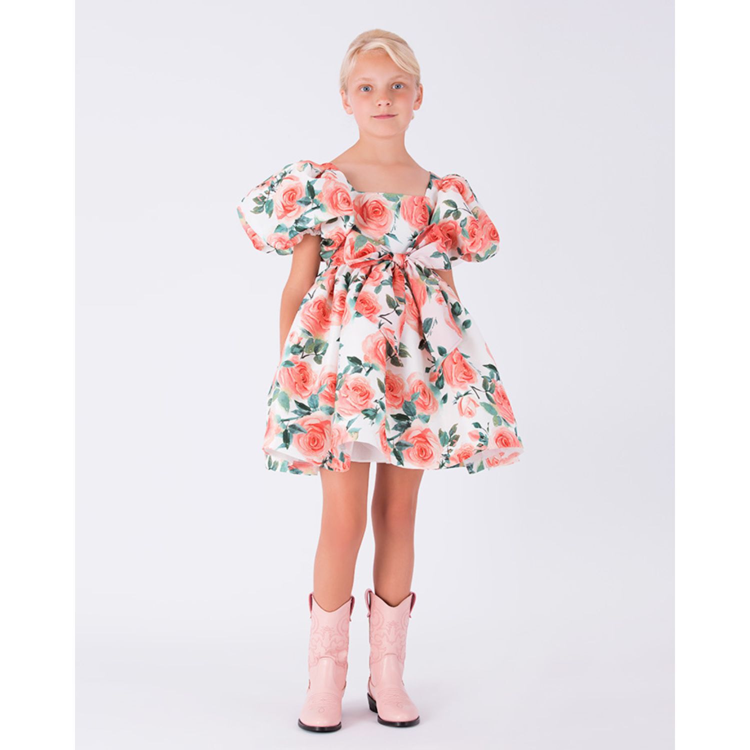 Girls Ivory & Orange Floral Satin Dress, 1, hi-res image number null