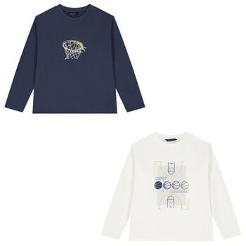 Boys White & Navy Blue Long Sleeve Top ( 2-Pack )