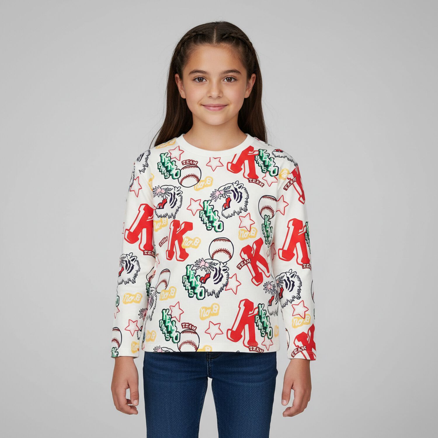 Girls White Varsity Logo Long Sleeve Top, 1, hi-res image number null