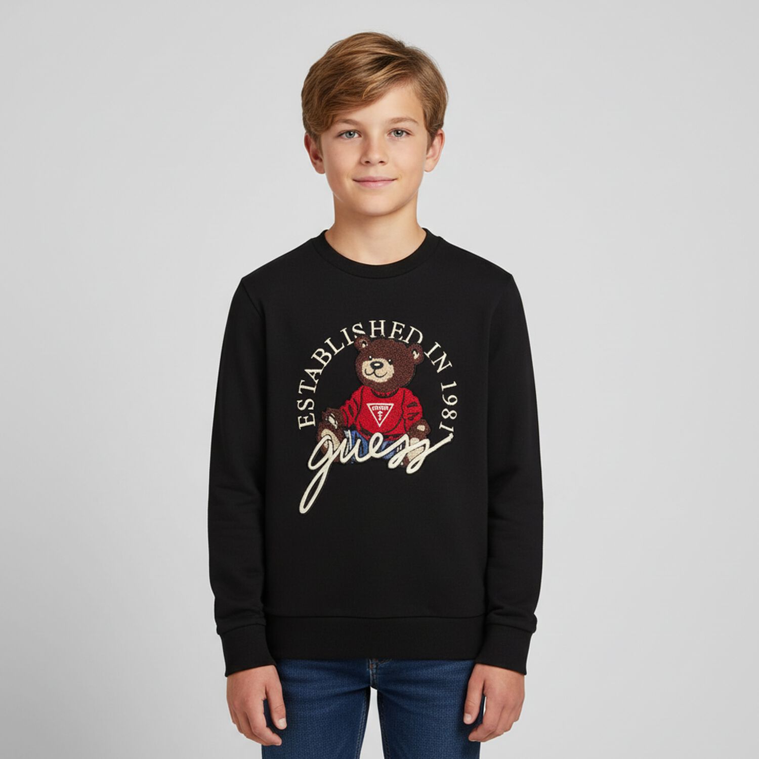 Boys Black Logo Teddy Bear Sweatshirt, 1, hi-res image number null