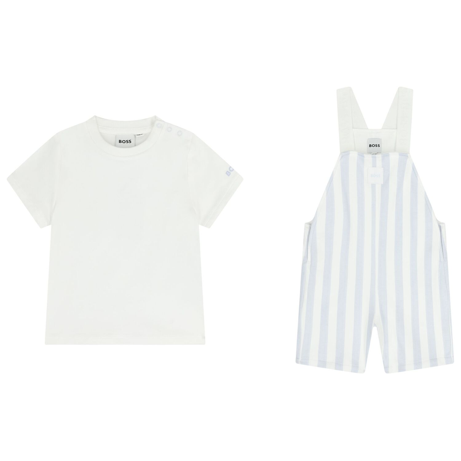 Baby Boys White & Blue Striped Logo Dungaree Set, 2, hi-res