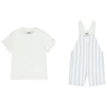 Baby Boys White & Blue Striped Logo Dungaree Set