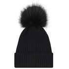 Girls Black Pom Pom Beanie Hat, 1, hi-res