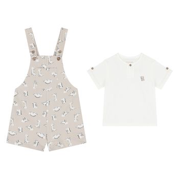 Younger Boys White & Beige Dungaree Set
