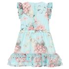 Girls Aqua Floral Print Chiffon Dress, 3, hi-res