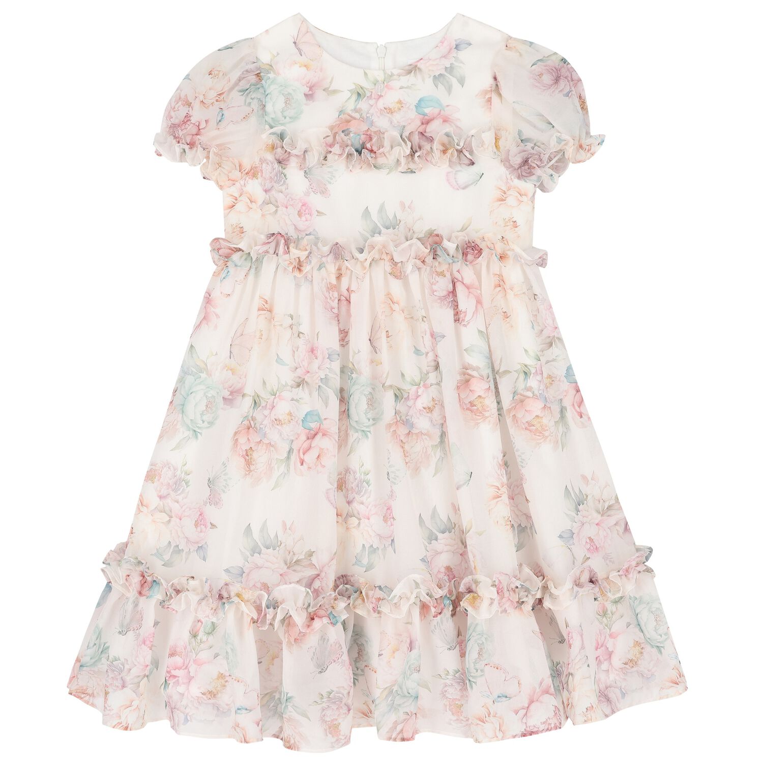 Girls Ivory & Pink Floral Chiffon Dress, 1, hi-res image number null